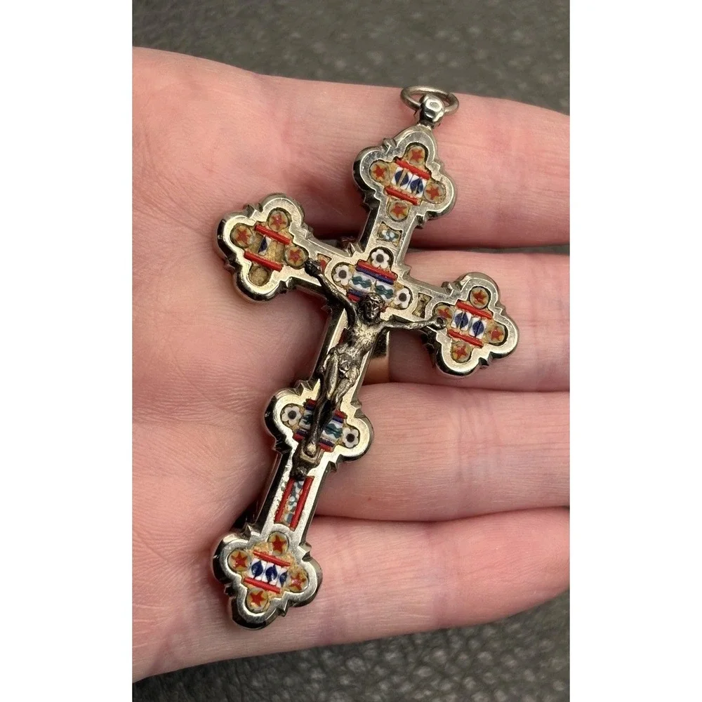 VTG Large Italian Micro Mosaic Crucifix Pendant Cross Religious READ Silver Tone